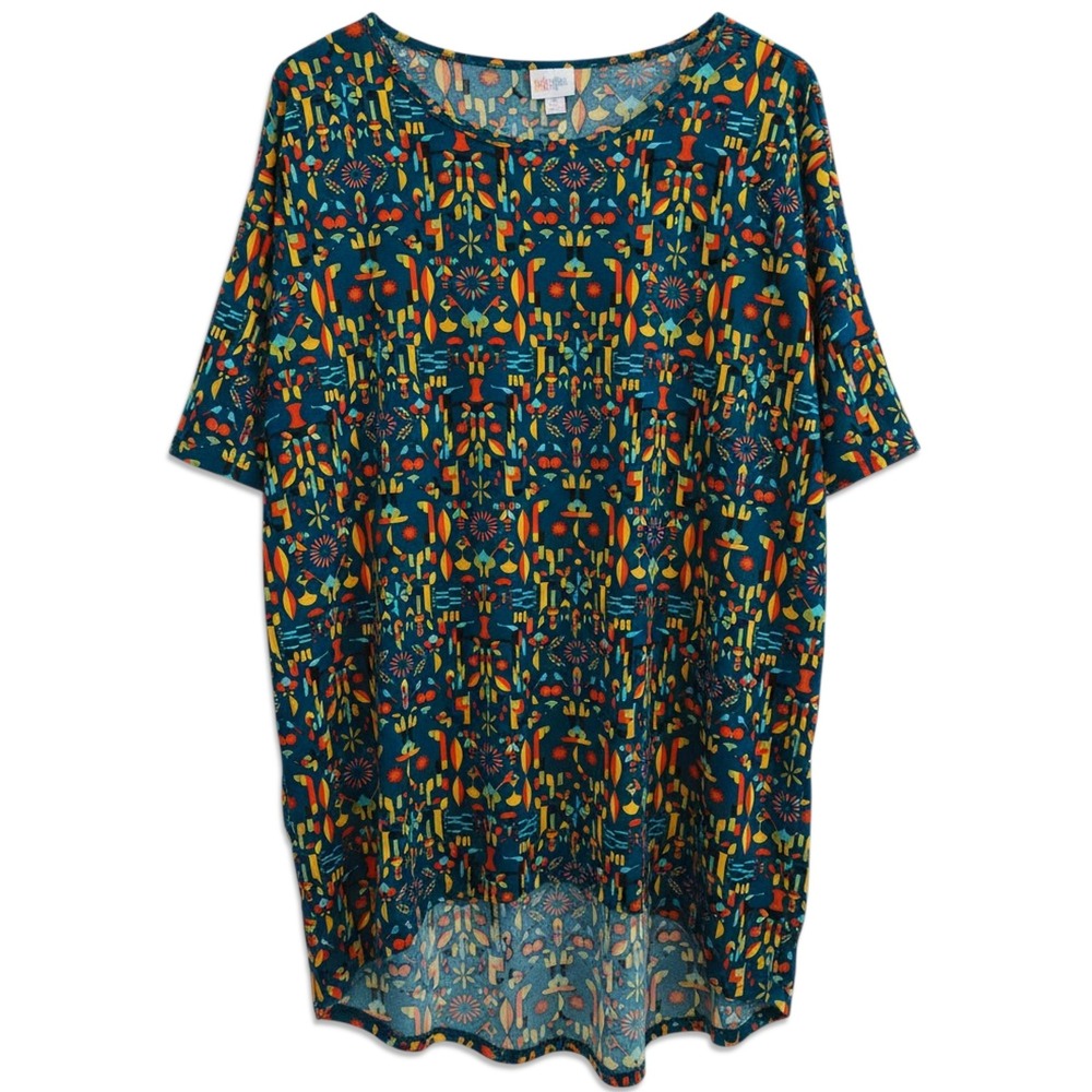 LuLaRoe Irma Tunic Top Womens Medium Teal Geometric High Low Mid Century Mod